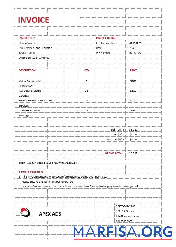 Printable Advertising Consultant Invoice Template